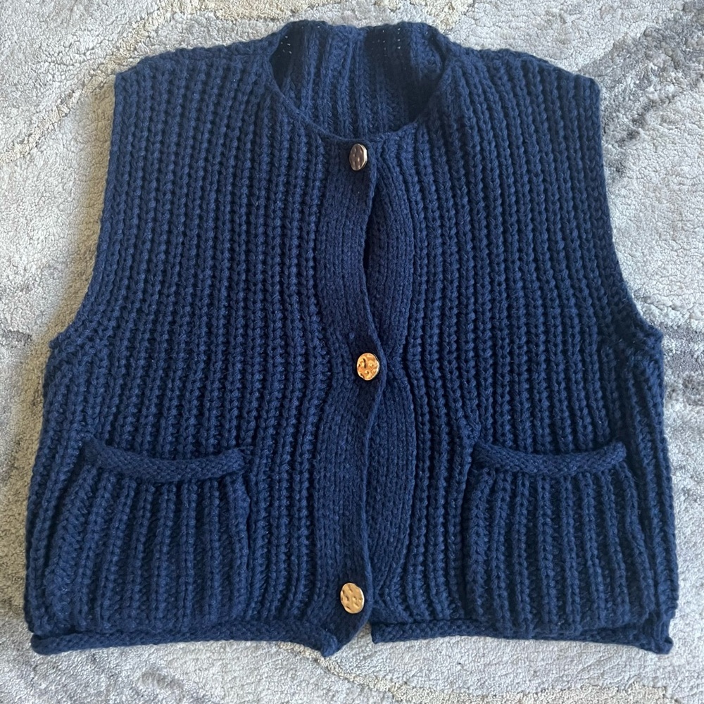 Dark Blue Women's Cable Knit Cardigan Vest with Gold Buttons and Pockets